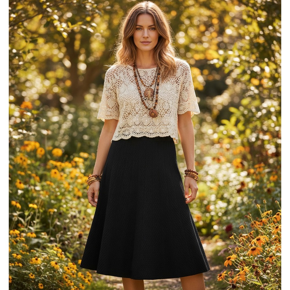 Cabi S Skirt Black Textured Knee Midi Style 214 Boho Goth Punk Whimsigoth Grunge